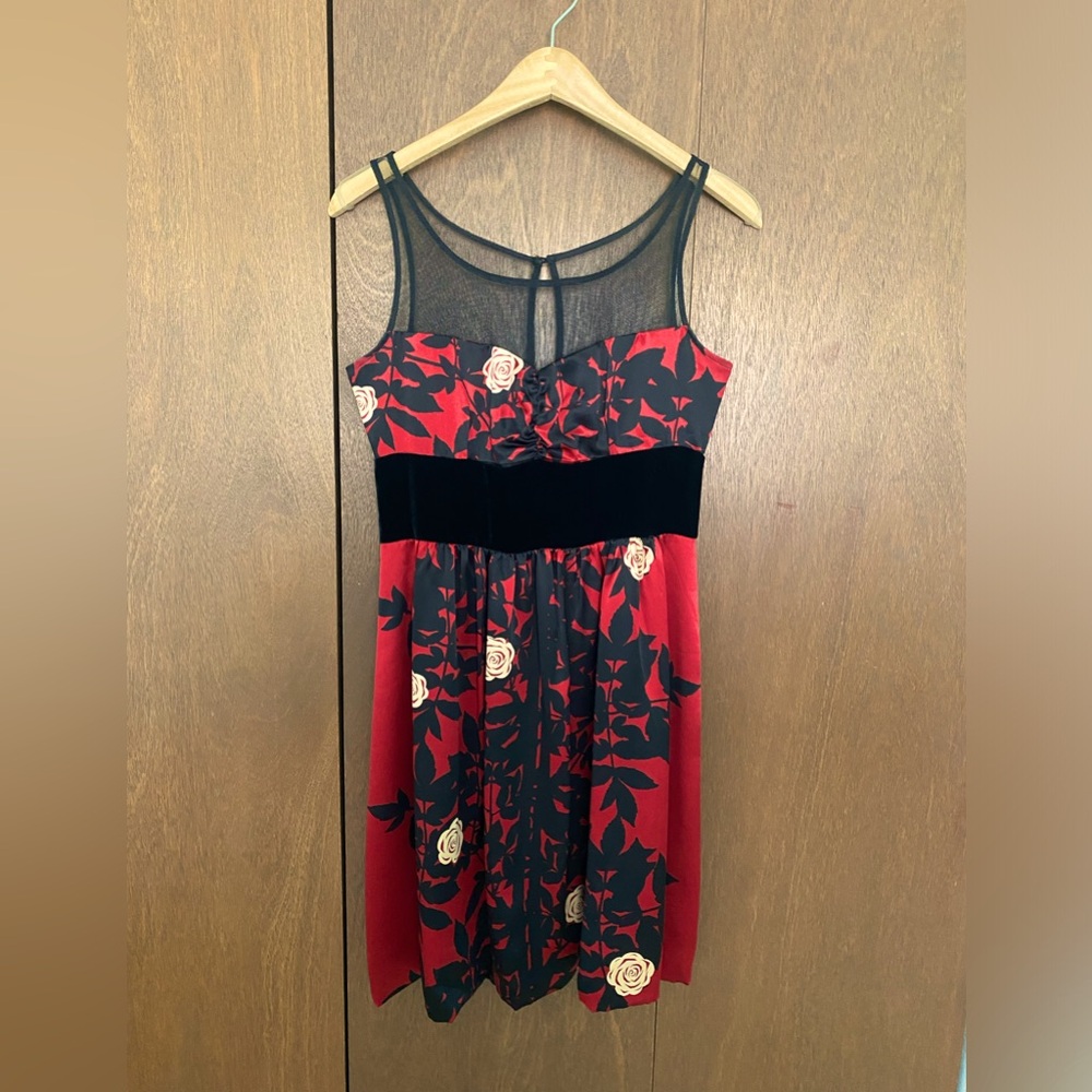 Plenty by Tracy Reese Red Silk Dress with Black Sheer Neckline Size 4